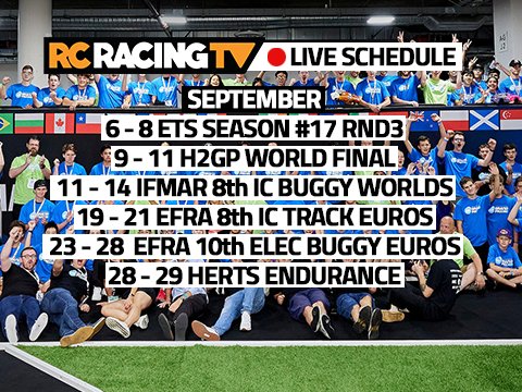 Busy busy! September is going to be MAD CRAZY 🤪 for the RCTV crews!
Make sure are SUBSCRIBED 🙌 so you know when we are LIVE! 🔴
- 2 sets of World Championships, one in Spain, one in California
- Euro Touring Series
- 2 more European Championships (1/8th O