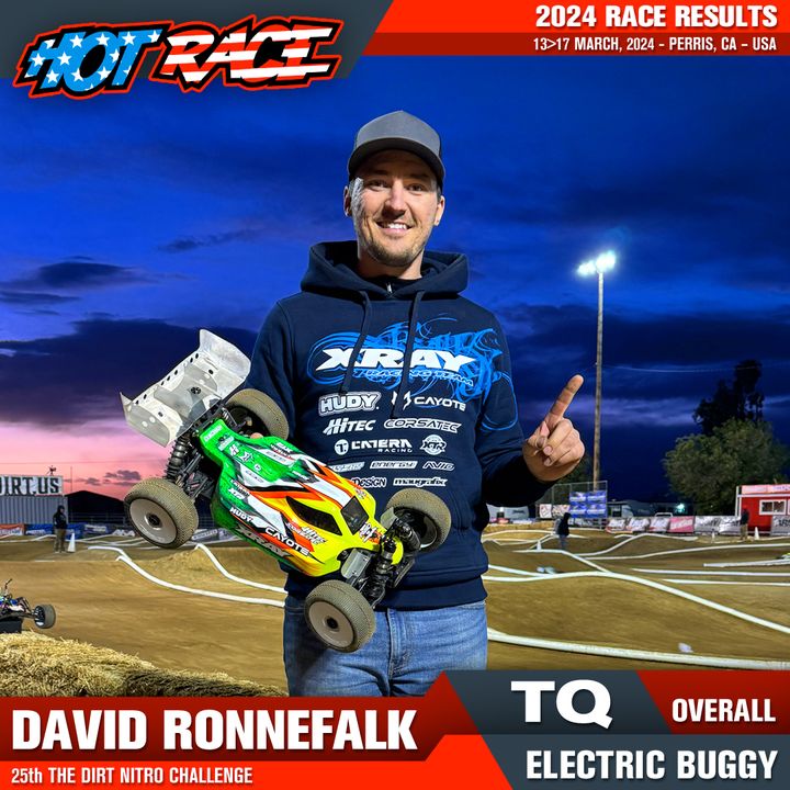 At the 25th The Dirt Nitro Challenge, David Ronnefalk holds overall TQ in Pro Electric Buggy and Spencer Heckert secured TQ in Pro Nitro Truck - and there's loads of racing left to do! A certain Elliott Boots R/C is looking very strong in Pro Nitro Buggy