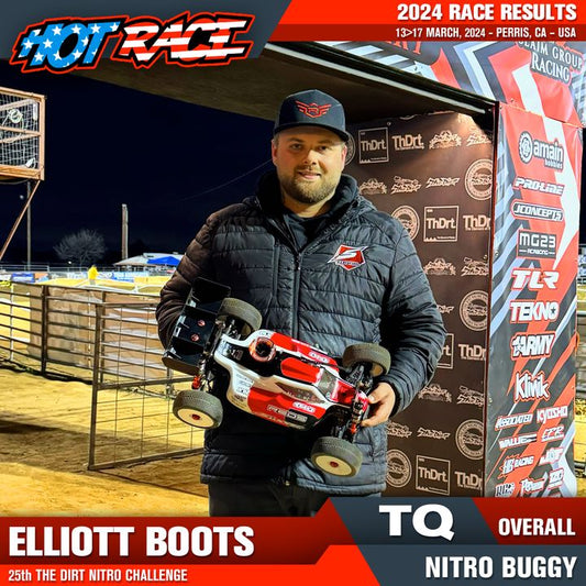 Coming soon from The Dirt Nitro Challenge 👀 who do you YOU think will prevail? IS there a 'curse of the TQ' at this year's DNC???
Elliott Boots R/C with his SWORKz RC on Hotrace Tyres Factory starts from Pole Position in Pro Nitro Buggy and Ryan Maifield